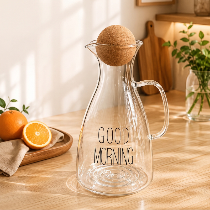 Yuvarlak Mantar Kapaklı Sürahi - 1500 ml - Yüksek Kaliteli Cam  - 4